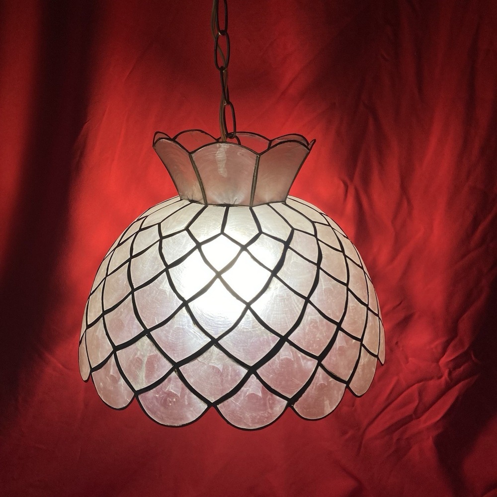 Vintage Capiz Shell Pendant Lamp Hanging Light / 1970s Mid Century Boho / Flaws
